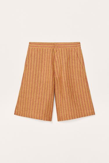 LIMITED EDITION STRIPED LINEN BERMUDA SHORTS - Orange / Yellow by Zara
