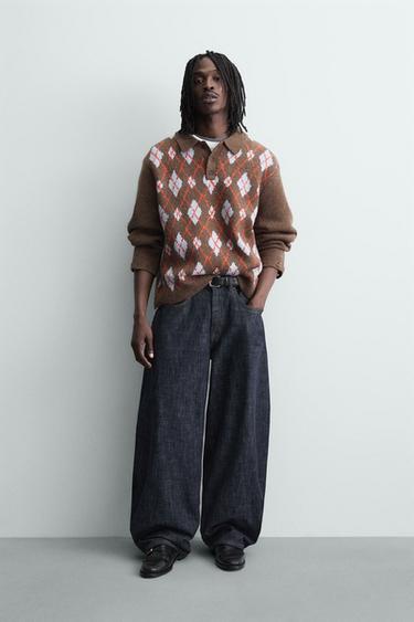 KNIT ARGYLE POLO SHIRT WITH RIPPED EFFECT - Brown by Zara - Image 0