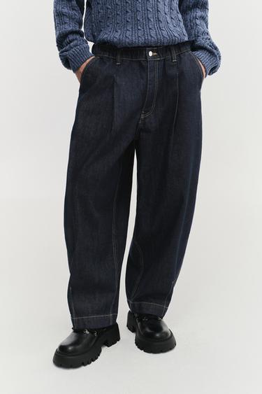 WIDE-LEG PLEATED DENIM CHINO TROUSERS - Blue by Zara