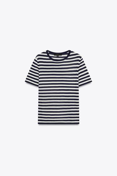 STRIPED SHORT SLEEVE KNIT TOP - Ecru / Navy by Zara