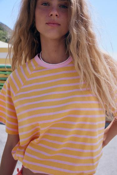 STRIPED T-SHIRT WITH STOPPERS - Orange by Zara