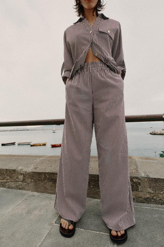 STRIPED WIDE-LEG TROUSERS - brown/white by Zara - Image 0