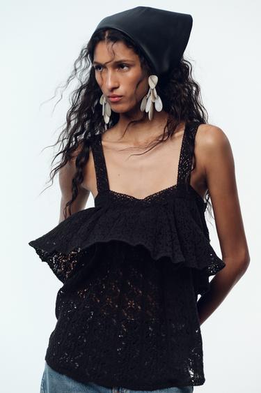 POINTELLE KNIT TOP WITH RUFFLE - Black by Zara