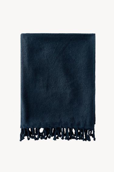 FRINGED COTTON BEACH TOWEL - Navy blue by Zara