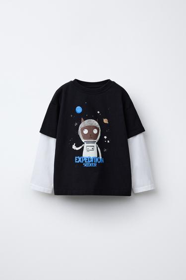ASTRONAUT CAT DOUBLE SLEEVE T-SHIRT - Black by Zara - Image 0