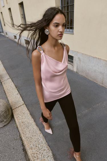 BEADED SATIN TOP - Beige-pink by Zara