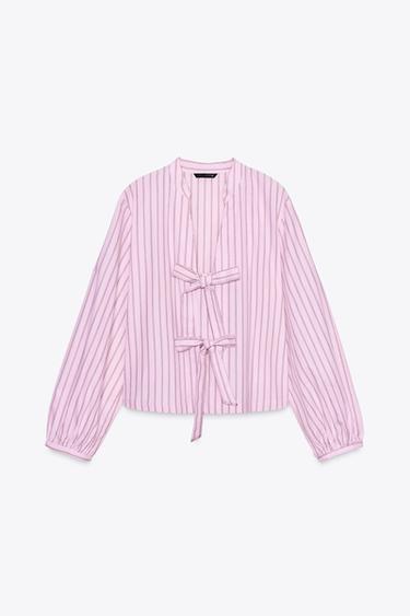 STRIPED POPLIN SHIRT WITH TIES - Pink / White by Zara