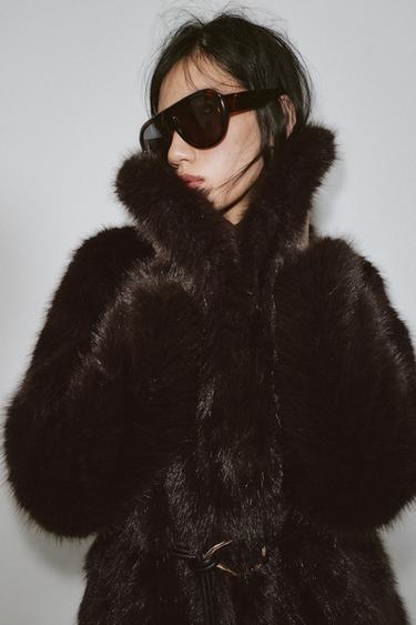 FAUX FUR BELTED COAT - Brown by Zara