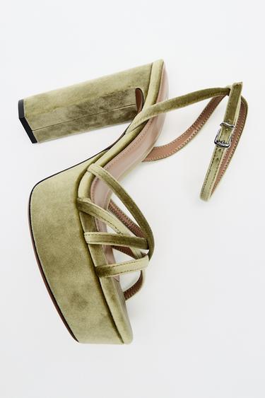 VELVET-EFFECT PLATFORM SANDALS - Green by Zara