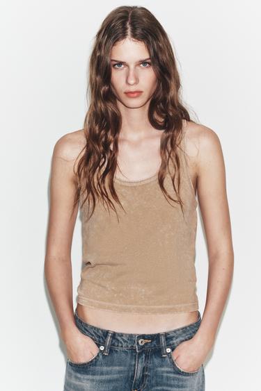 RUSTIC SLEEVELESS T-SHIRT - SAND/BROWN by Zara