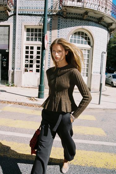 RIBBED PEPLUM CARDIGAN - Green marl by Zara