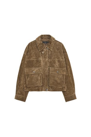 100% LEATHER BOMBER JACKET - Khaki by Zara
