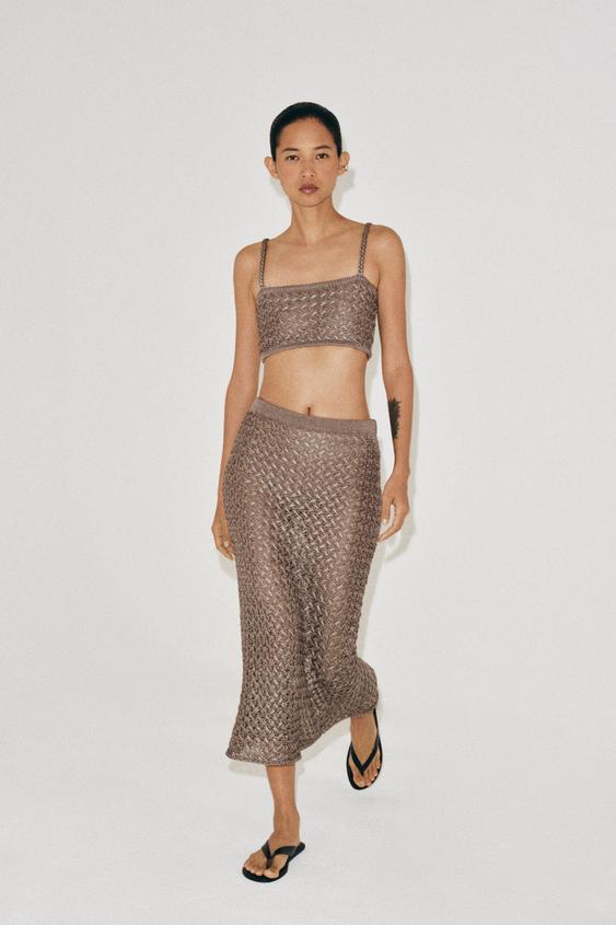 CABLE-KNIT CROP TOP - mink brown by Zara - Image 0