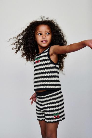 CROCHET KNIT STRIPED TOP WITH CHERRY EMBROIDERY - Ecru / Black by Zara