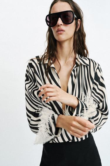 ANIMAL PRINT FEATHER SHIRT - Black / Ecru by Zara