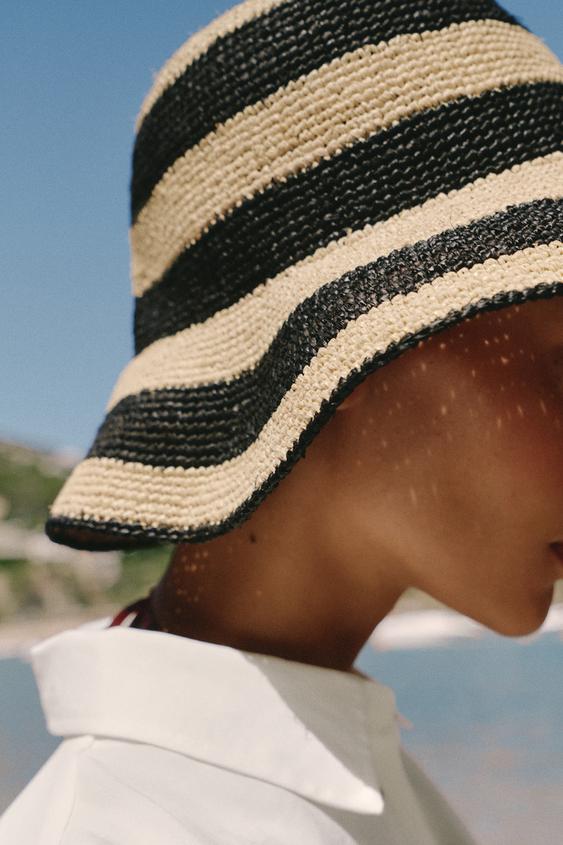 100% RAFFIA STRIPED HAT - Black / White by Zara - Image 0