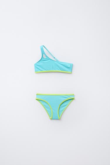 6-14 YEARS/ BRIGHT ASYMMETRIC BIKINI WITH TRIM - Turquoise by Zara