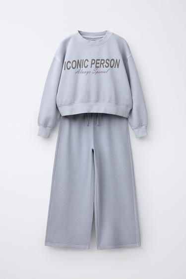 SLOGAN SWEATSHIRT AND WIDE-LEG TROUSERS SET - Grey by Zara
