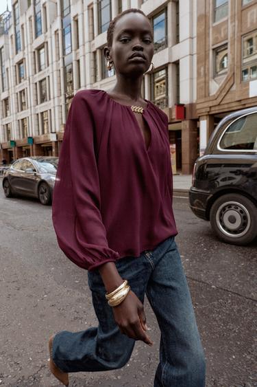 SEMI-SHEER BLOUSE WITH TRIM - Dark aubergine by Zara - Image 0