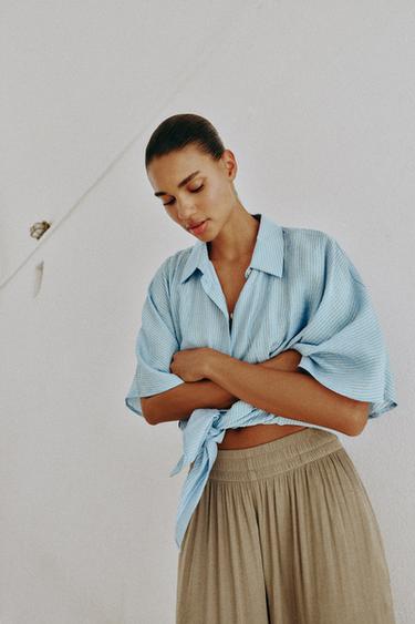 STRIPED SHIRT WITH KNOT - Light blue by Zara