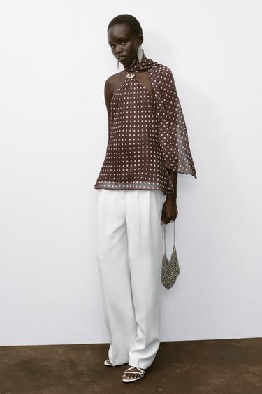 HALTER TOP WITH HARDWARE AND POLKA DOTS - Ecru / Brown by Zara