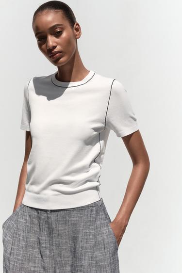 SHORT SLEEVE KNIT TOP WITH PIPING - White / Navy by Zara
