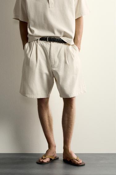 STRIPED PLEATED WIDE-LEG BERMUDA SHORTS - Ecru by Zara