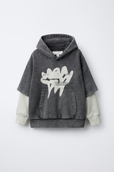 DOUBLE SLEEVE PRINT HOODIE - Grey / Beige by Zara