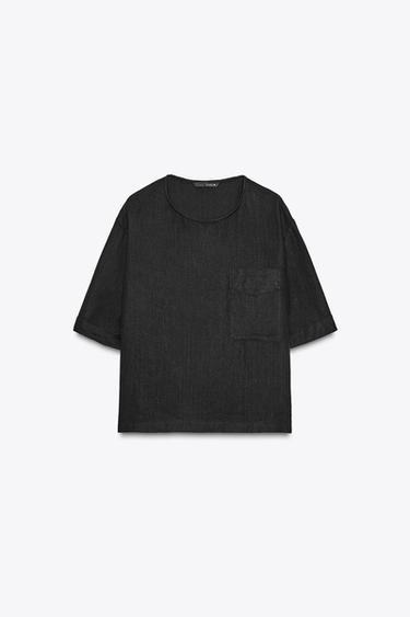 ZW COLLECTION LINEN SHORT SLEEVE TOP - Black by Zara