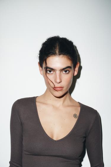 LONG SLEEVE RIBBED TOP - Brown by Zara