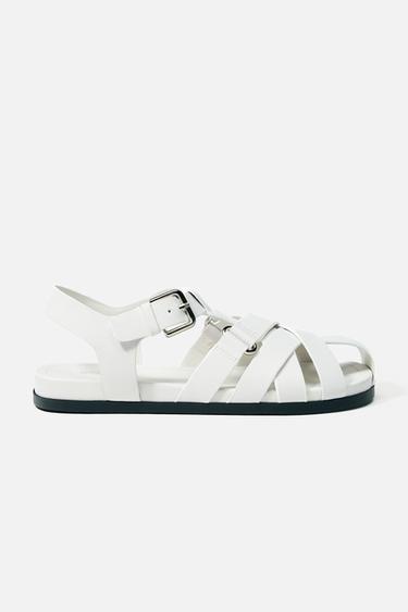 FLAT LEATHER CAGE SANDALS - White by Zara