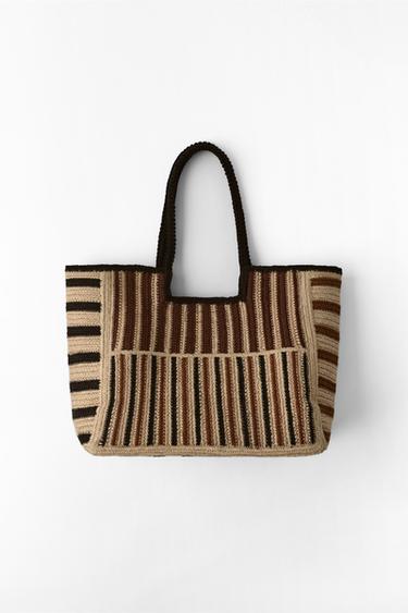 STRIPED BRAIDED JUTE BAG - camel by Zara