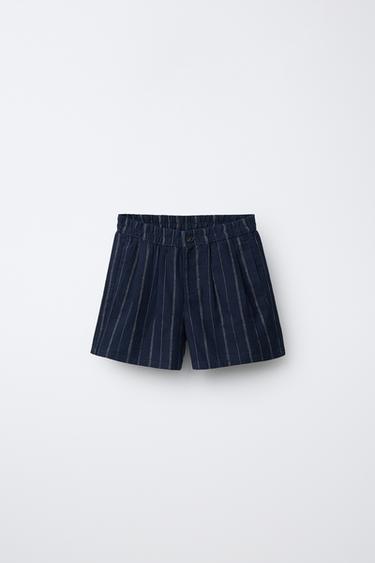 STRIPED COTTON LINEN BERMUDA SHORTS - Navy blue by Zara