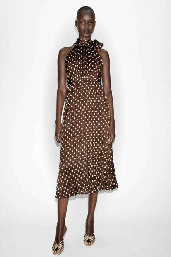 POLKA DOT MIDI DRESS WITH BOW - Brown / Ecru by Zara - Image 0