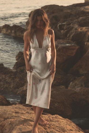 FLORAL SATIN MIDI DRESS - White / Pink by Zara