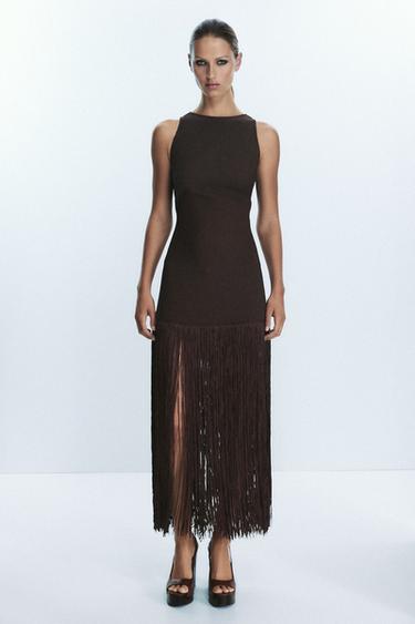 FRINGED FITTED DRESS - Brown by Zara