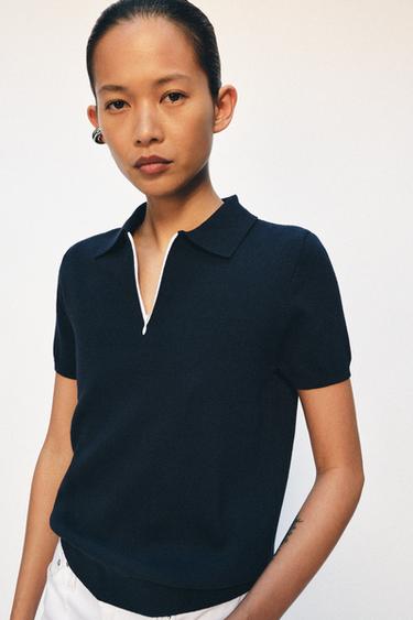 KNIT POLO SHIRT WITH ZIP - Navy blue by Zara