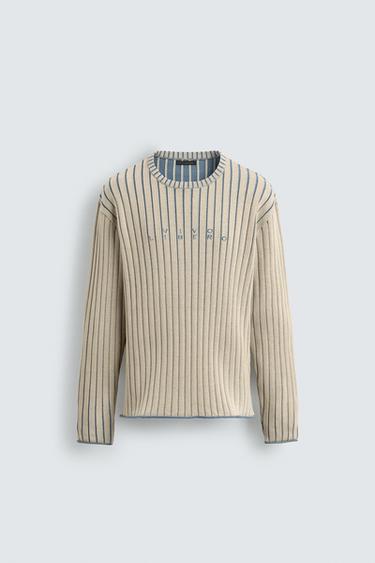 RIBBED KNIT SWEATER WITH SLOGAN - Blue by Zara