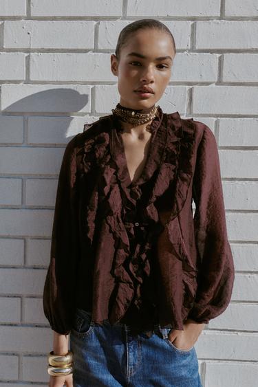 RUFFLED BLOUSE - Brown by Zara