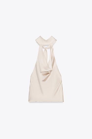 FRINGED SATIN HALTER TOP - Sand by Zara