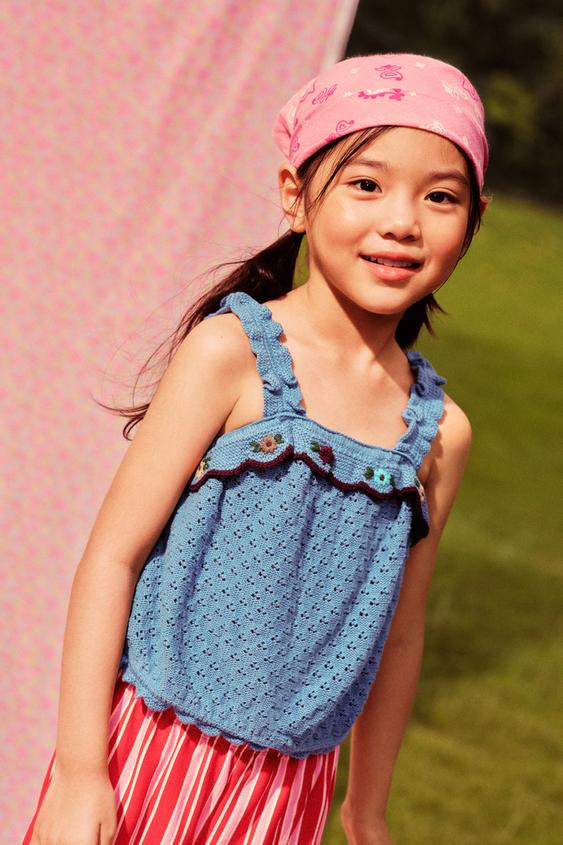 KNIT TOP WITH RUFFLE AND EMBROIDERY WITH COTTON BLEND AND LINEN - Bluish by Zara - Image 0