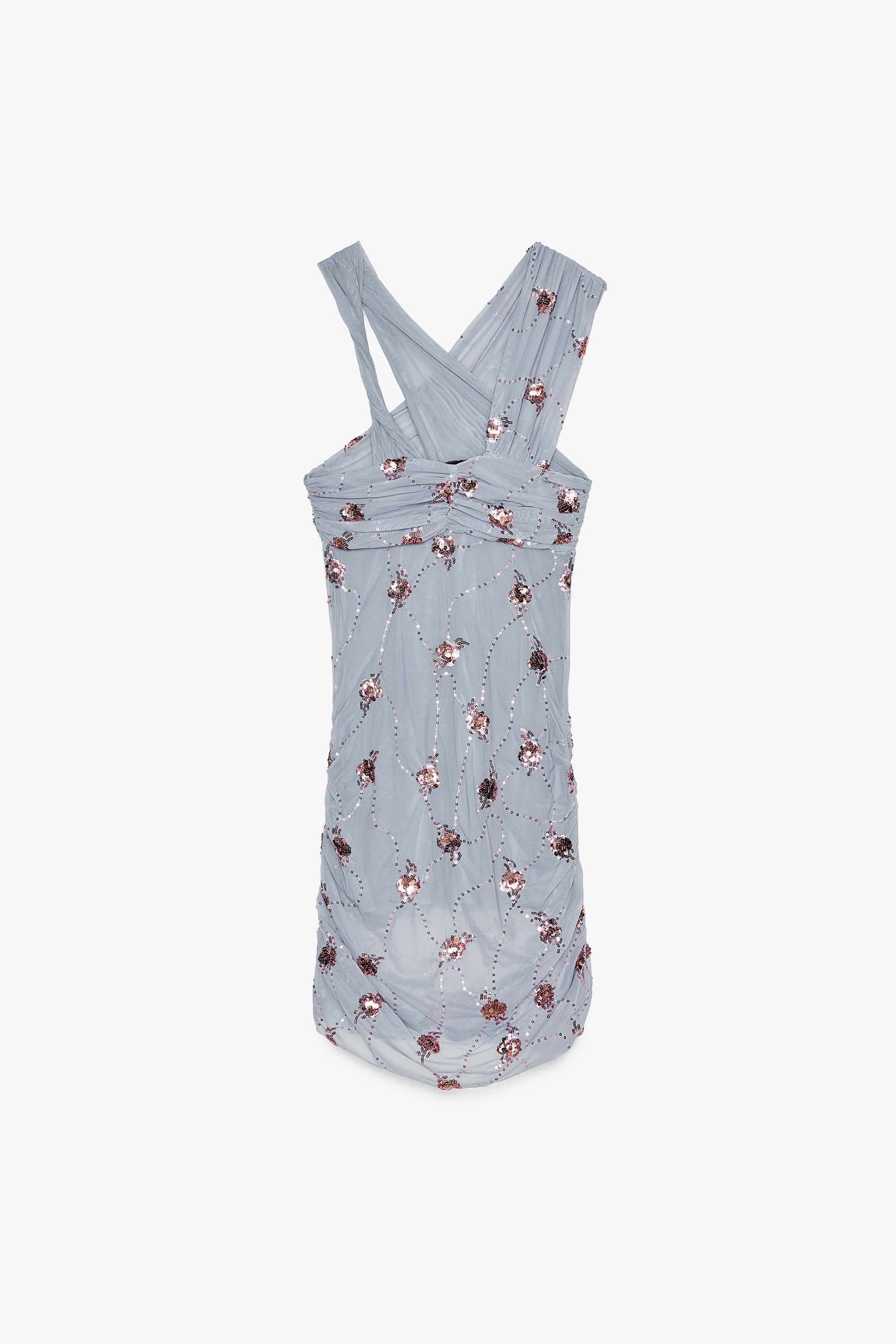 珠片褶皱连衣裙- 淡蓝色| ZARA