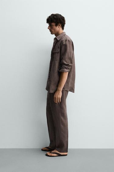 REGULAR FIT 100% LINEN TROUSERS - Brown marl by Zara