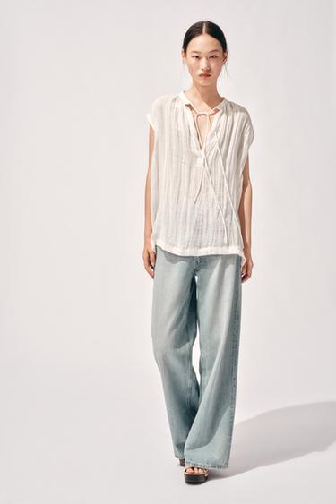 ZW COLLECTION LINEN BLOUSE WITH TIED DETAILS - Oyster-white by Zara