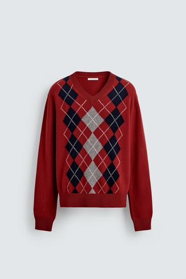 100% WOOL JACQUARD ARGYLE JUMPER - Red by Zara
