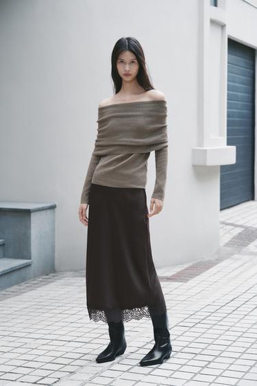 ZW COLLECTION SATIN LACE SKIRT - Dark brown by Zara