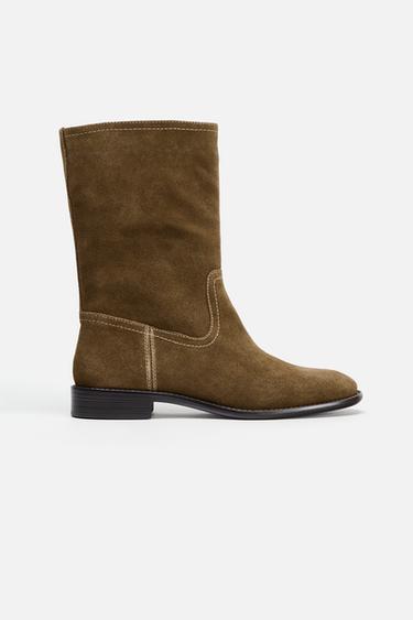FLAT SUEDE LEATHER ANKLE BOOTS - Brown by Zara