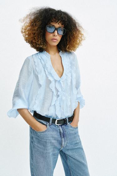 RUFFLED BLOUSE - Sky blue by Zara