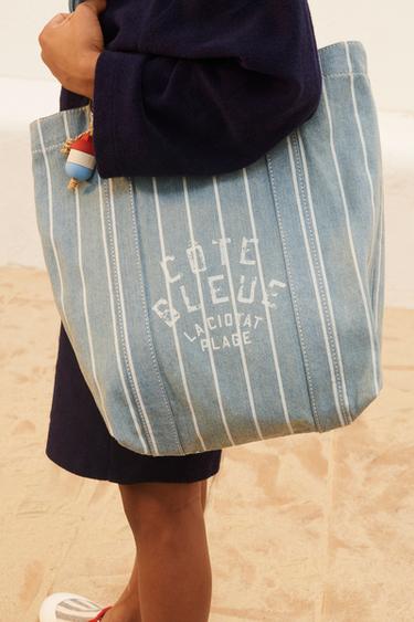 STRIPED DENIM TOTE BAG - Blue by Zara - Image 0