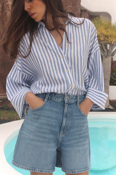 LINEN BLEND WIDE SLEEVE SHIRT - Blue/White by Zara